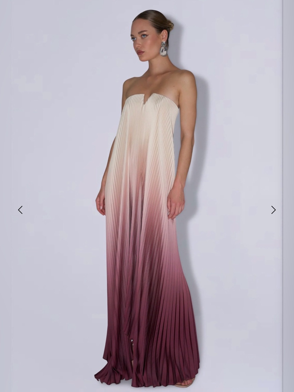 L’IDEE Strapless Ombre Pleated Maxi Dress in Cream and Plum